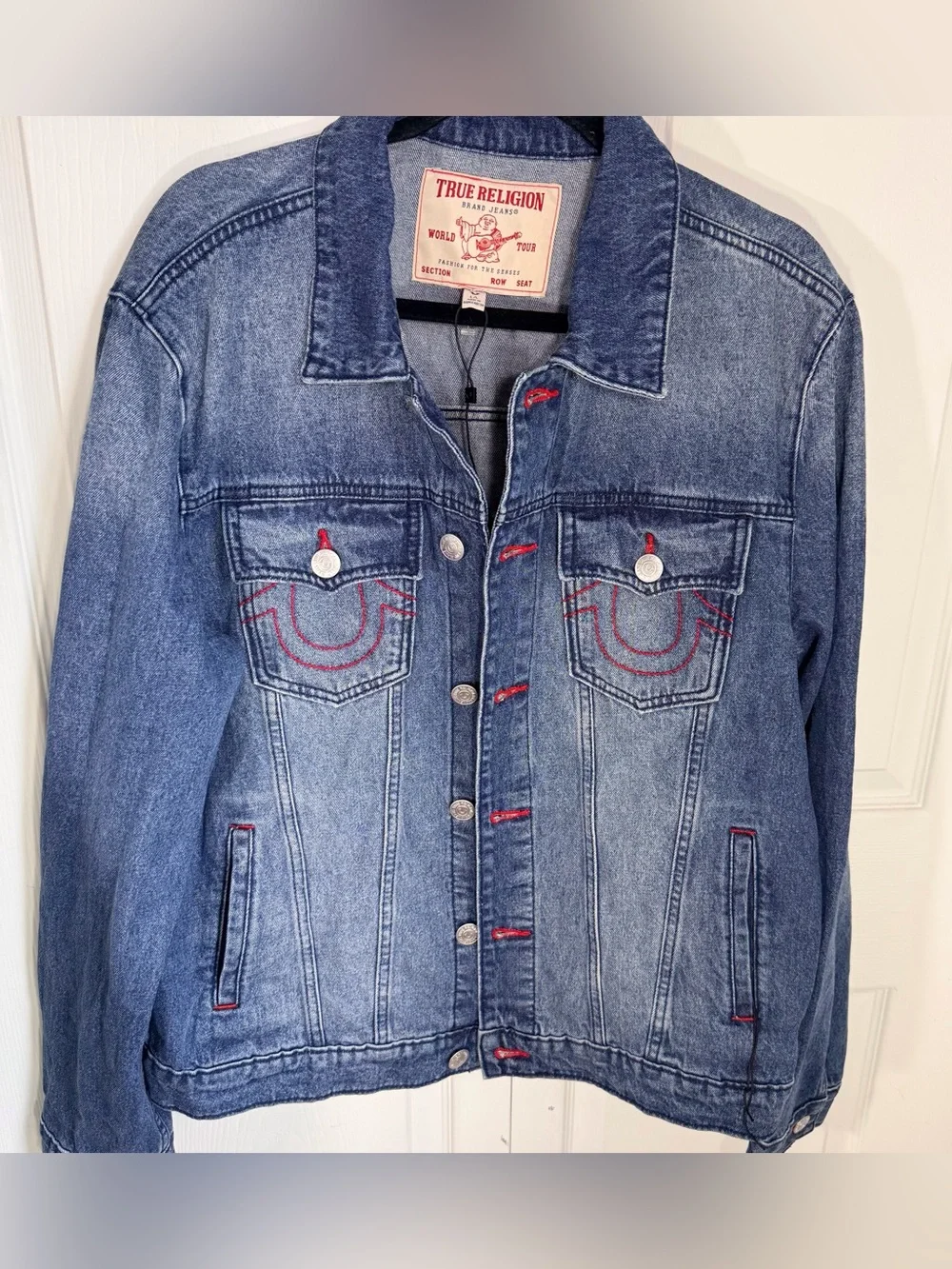 True Religion Men's Blue Denim Trucker Jacket with Red Stitching